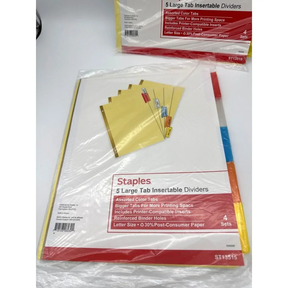 Staples Big Tab Blank Paper Dividers 5-Tab Clear 4/Pack (13515) lot of 2